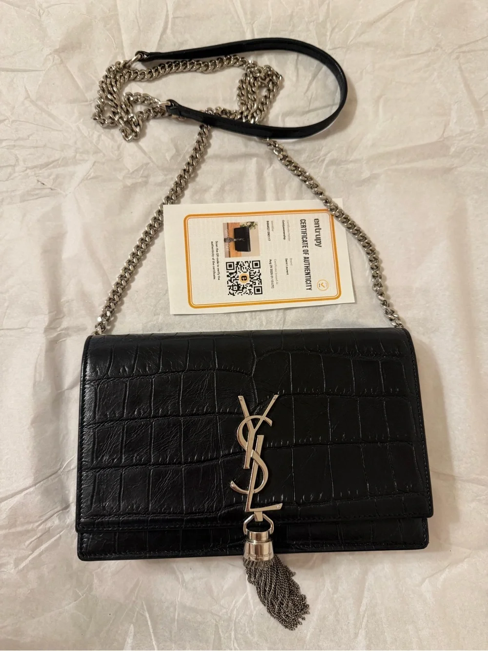 Saint Laurent Black Croc-Embossed Leather Tassel Chain Shoulder Bag
